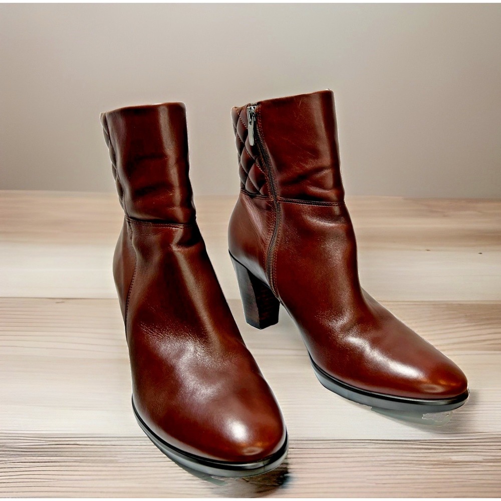 ECCO Brown Leather Block Heel Ankle Boots EU 41 US 10 Quilted Collar Zip Comfort